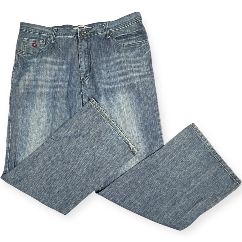 Flypaper Jeans Mens 38x32 Blue Distressed Bootcut Denim Whiskered Green‎ Thread